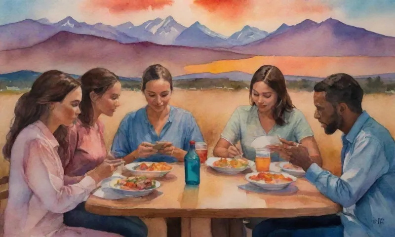 Un grupo diverso de personas se sienta alrededor de una mesa compartiendo una comida, algunos mirando sus teléfonos, otros mirando a los ojos, un libro abierto sobre la mesa entre ellos con imágenes de montañas y puestas de sol.