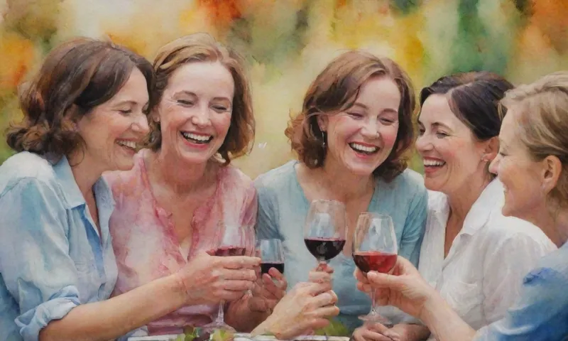 Un grupo de personas se reunieron calurosamente alrededor de una mujer sonriente, sus caras iluminadas por risas, compartiendo una botella de vino en un ambiente comunitario al aire libre.