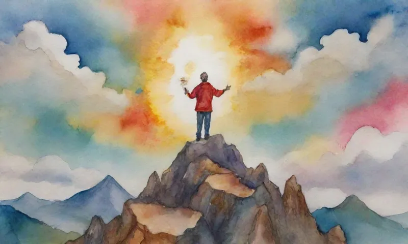 Una figura se eleva sobre un pico montañoso, rodeado de nubes agitadas de estrés y desafíos, sosteniendo una brújula y sacando fuerza de un sol dibujado a mano y un corazón irradiando luz autoafirmante.