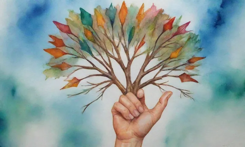 Una mano que sostiene una rama de árboles metafóricos, las raíces alcanzan hacia múltiples flechas hacia arriba apuntando cada una representando diferentes estrategias de resiliencia (comunicación, autoconciencia, solución de problemas).