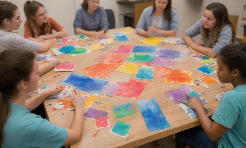 Un grupo diverso de estudiantes de diferentes orígenes se abrazaron alrededor de una mesa rebosante de tablas y materiales de actividad coloridas, compartiendo ideas y ayudándose mutuamente durante una sesión de reflexión.