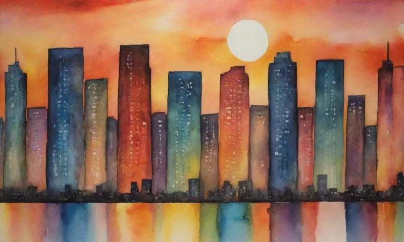 Un horizonte de paisaje urbano al atardecer, con cada rascacielos representando una etapa diferente de resistencia: fuerza, adaptación, cambio y crecimiento en sus rostros variados.