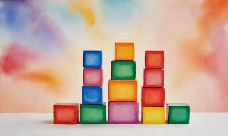 Una pila de bloques de construcción coloridos, simbolizando estrategias financieras apiladas entre sí, alcanzando hacia arriba hacia un objetivo brillantemente iluminado representado por un sol en ascenso.