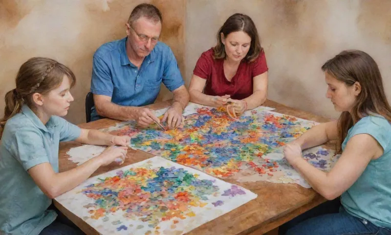Un grupo diverso de personas, sus ojos esperanzados y enfocados, se sienta alrededor de una mesa llena de diversas herramientas coloridas como piezas de rompecabezas, una semilla que crece hacia la luz, y una escalera ajustable