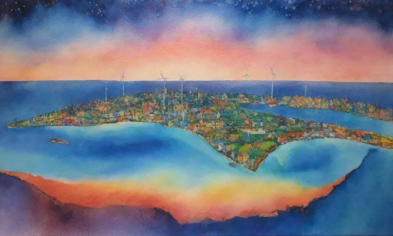 Un grupo de personas diversas de diferentes orígenes colaboran alrededor de mapas globales con puntos que representan el aumento de los niveles del mar y turbinas eólicas salpicadas en todo, todos iluminados contra los cielos del crepúsculo.
