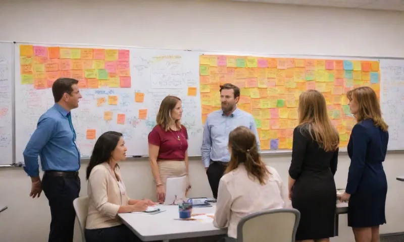 Un equipo diverso de empleados se hundió alrededor de una pizarra ideas para mejorar las estrategias de resiliencia en el lugar de trabajo, utilizando notas y marcadores coloridos pegajosos, con gráficos y gráficos que forman un contexto gráfico.