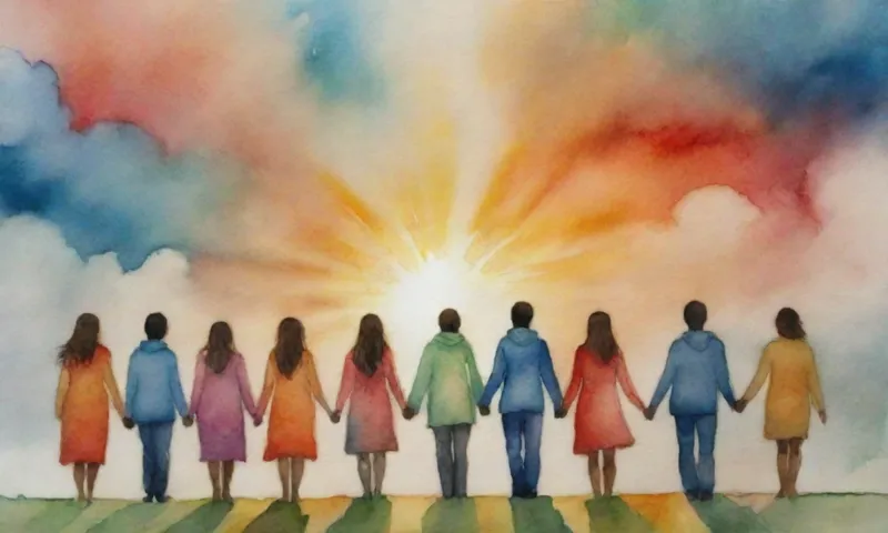 Un grupo diverso de personas están de la mano, mirando hacia un rayo de sol brillante que emerge a través de nubes, reflejando la esperanza ascendente y mostrando sus ojos.