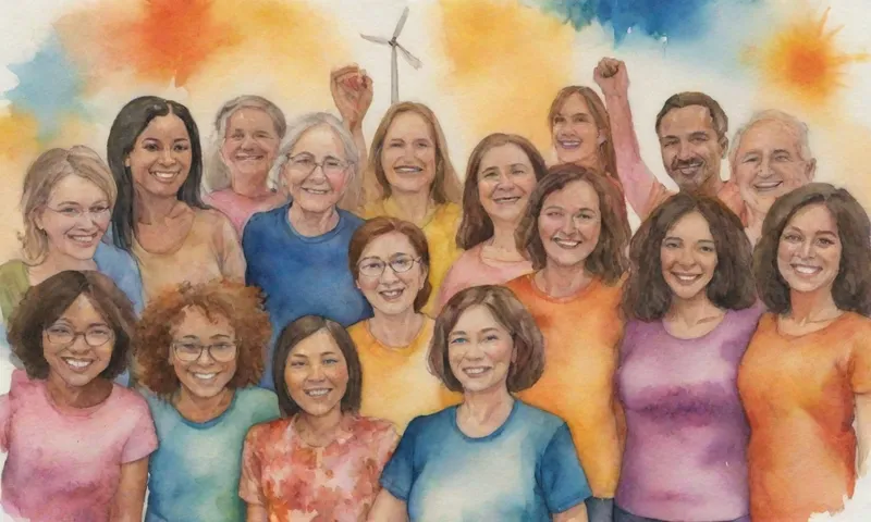 Un grupo diverso de personas se abrazan, irradian calor y apoyo, compartiendo risas y manos levantadas al unísono, rodeado de recursos que representan la resiliencia - herramientas como libros, semillas, una turbina eólica, un sol, etc.