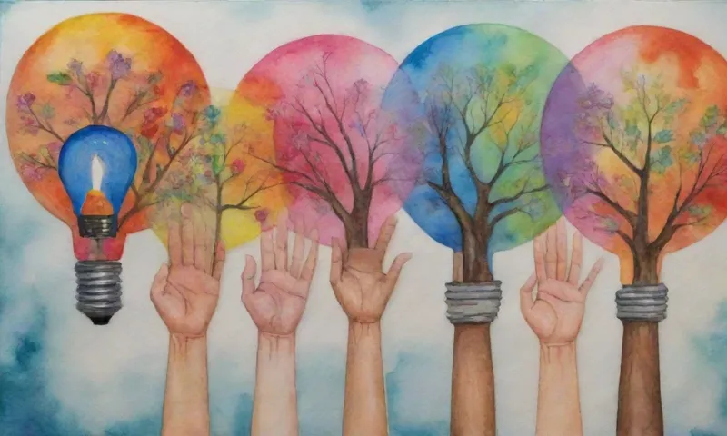 Un collage de diversas caras, manos apretadas, cada una con un objeto de color diferente representando pasos concretos hacia la resiliencia: un mapa dibujado a mano, un árbol floreciente, una brújula apuntando hacia el norte, y un farol iluminando la habitación.