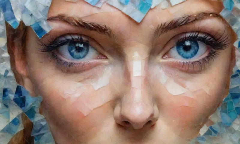 Un disparo de cerca de una mujer determinó los ojos reflejados en piezas de vidrio destrozadas que forman un mosaico que representa las olas, mientras las manos alcanzan hacia arriba, lo que significa crecimiento y esperanza en medio de dificultades.