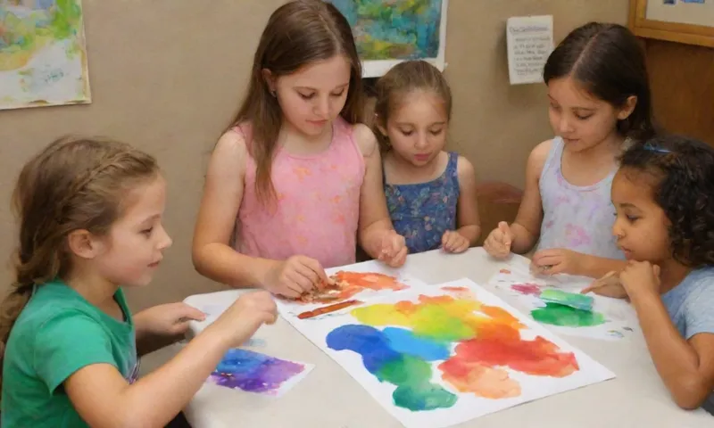 Un grupo diverso de niños (de 5 a 10 años) participan en diversas actividades interactivas: juego de unión de equipo, sesión de arte, taller de narración, y búsqueda de la naturaleza.