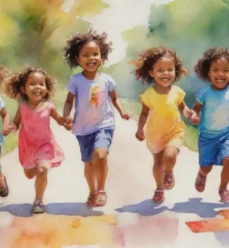 Un grupo diverso de niños sonríe y se ríe juntos durante una actividad lúdica al aire libre