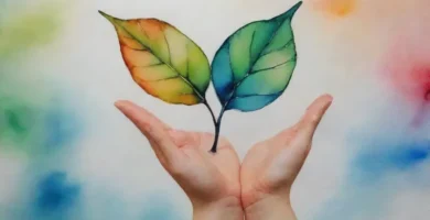 Una mano extendiéndose hacia dos hojas entrelazadas