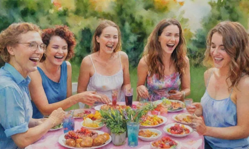 Un grupo diverso de personas riéndose y compartiendo comida en un entorno exterior de color brillante rodeado de plantas vibrantes.