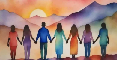 Un grupo diverso de personas se mantienen firmes unos a otros al amanecer cerca de una montaña