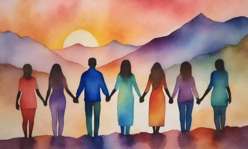 Un grupo diverso de personas se mantienen firmes unos a otros al amanecer cerca de una montaña