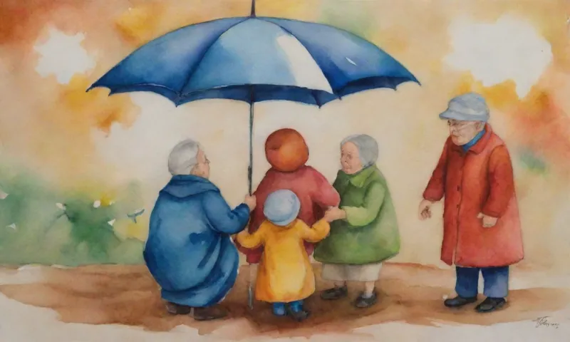 Una familia se abraza bajo un paraguas protector, los niños jugando mientras las manos se aferran a los ancianos, en un telón de fondo de viento giratorio que representa desafíos para la vida.
