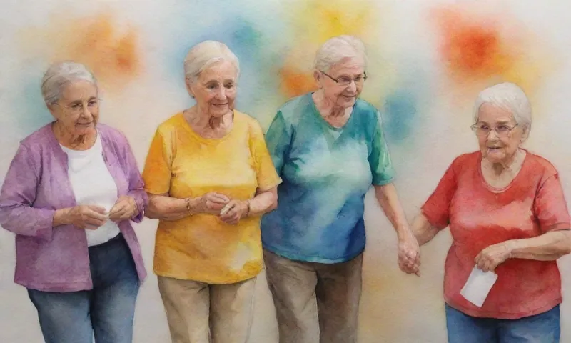 A diverse group of senior citizens, each engaged in distinct activities representing resilience factors (like physical activity, social interaction, intellectual pursuits, environmental adaptation).