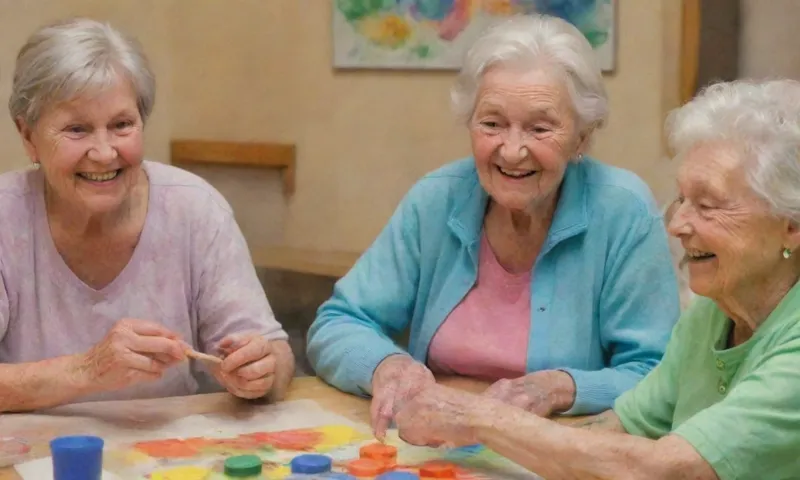 Una anciana sonriente, rodeada de jóvenes generaciones jugando juegos y participando en actividades sociales dentro de un centro comunitario.