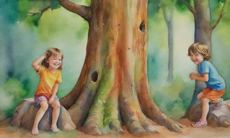 Un niño se inclina contra un tronco de árbol fuerte mientras sonríe, rodeado de otros niños dedicados a diversas actividades físicas (por ejemplo, escalando rocas, construyendo sandcastles, jugando al escondite) dentro de un bosque verde vibrante.