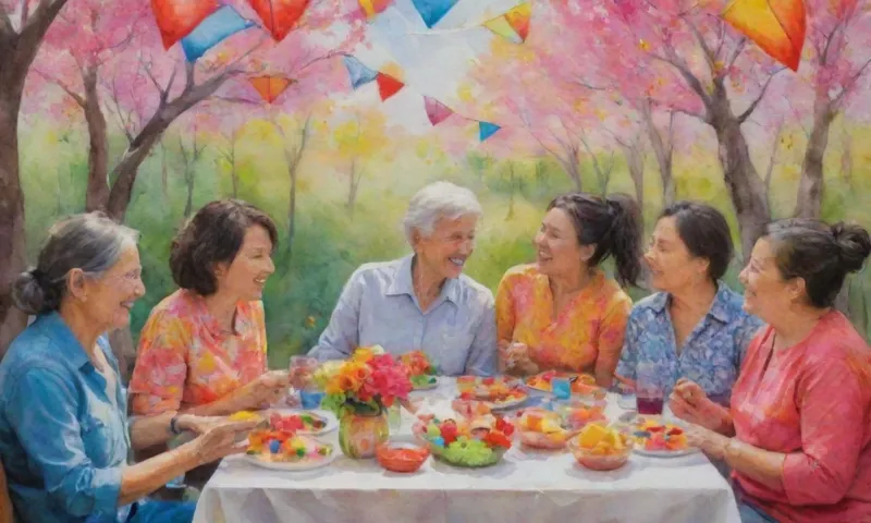 Una comunidad vibrante y multicultural que se reúne alrededor de una mesa, sus diversas caras llenas de risas compartidas y apoyo mientras sostienen kits coloridos hechos a mano contra un telón de árboles florecientes y flores, simbolizando la esperanza de un futuro más brillante.