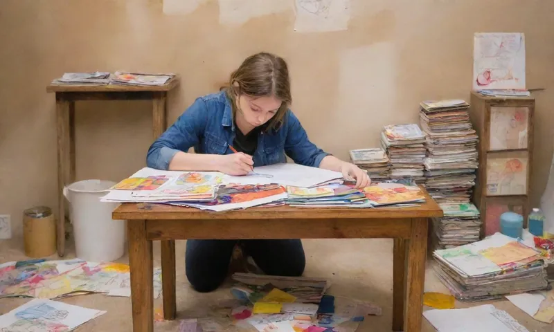 Un joven se encuentra confiado solo en una pequeña mesa, sosteniendo su propio bolígrafo mientras rodeado de montones de papeles dispersos en el suelo alrededor de ellos que reflejan dibujos complejos hechos de varios plumas y pegatinas coloridas