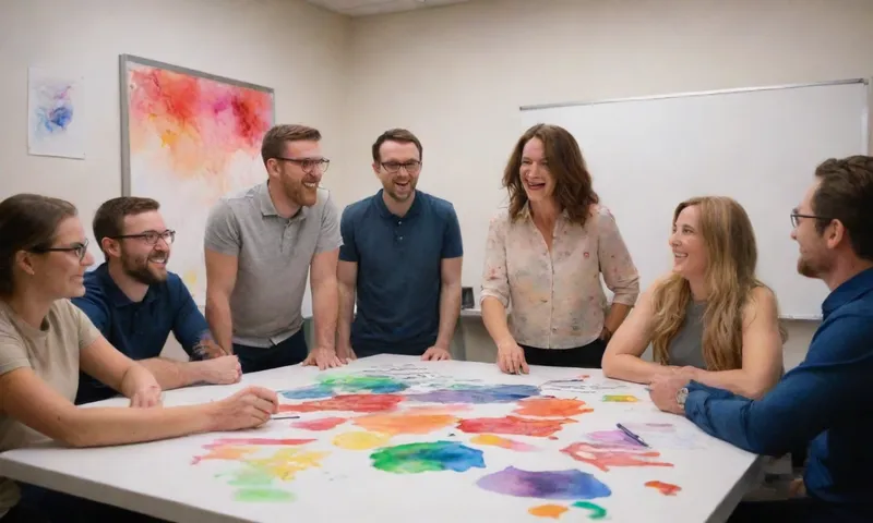 Un grupo diverso de empleados que se imaginan riendo alrededor de una mesa de pizarra, imágenes inspiradoras de alta iluminación relacionadas con la resiliencia emocional que se muestra en toda la habitación..