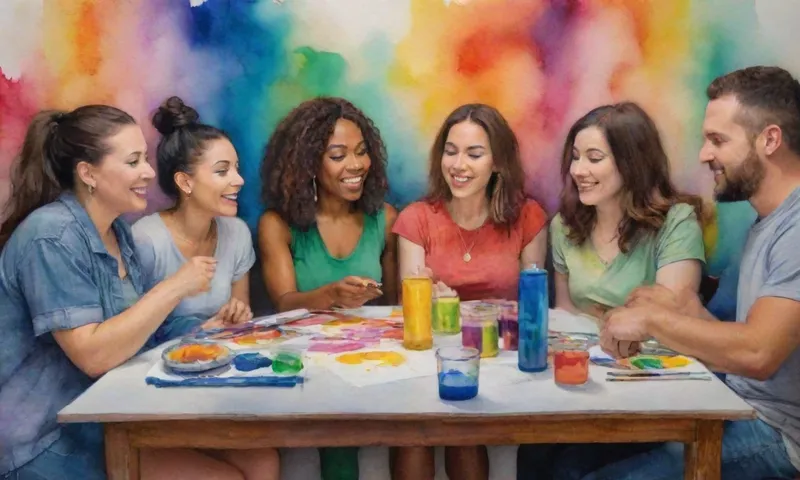 Un grupo diverso de individuos, cabezas elevadas, colaboran alrededor de una mesa llena de material de arte colorido, sus caras radiantes determinación, luces de pasión brillando en sus ojos.