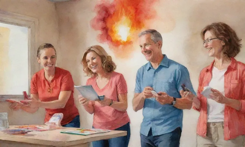 Un grupo de adultos sonriendo y participando en actividades como una familia leyendo instrucciones de seguridad contra incendios mientras sostiene linternas alrededor de sus hogares humo alarma.