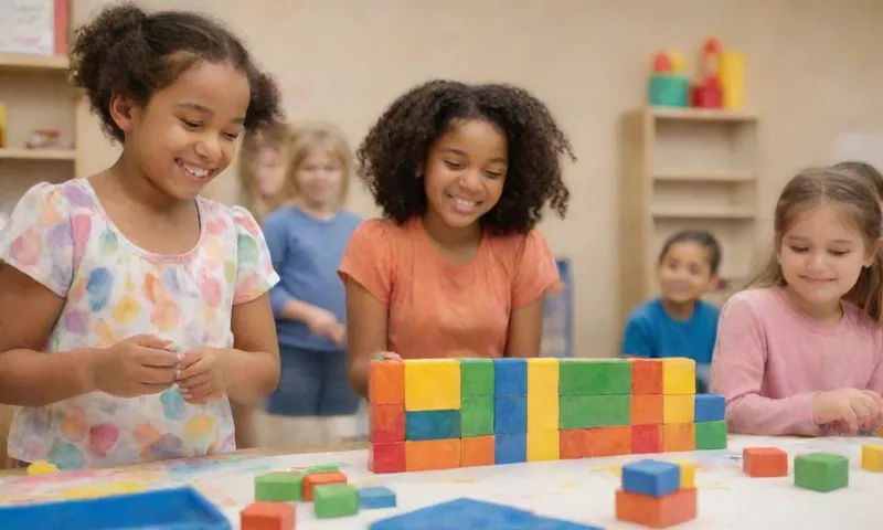 Un grupo de niños diversos sonríen y se ríen juntos, trabajando en colaboración en un proyecto de bloques de edificios de colores brillantes, rodeado de adultos de apoyo que ofrecen orientación y aliento dentro de un espacio de aula abierto.