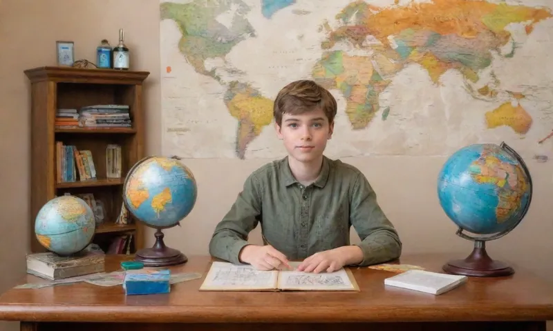 Un joven se mantiene confiado y mira hacia una cámara mirando al lado de un globo y mapas, rodeado de libros apilados cerca de un escritorio decorado con citas motivacionales.