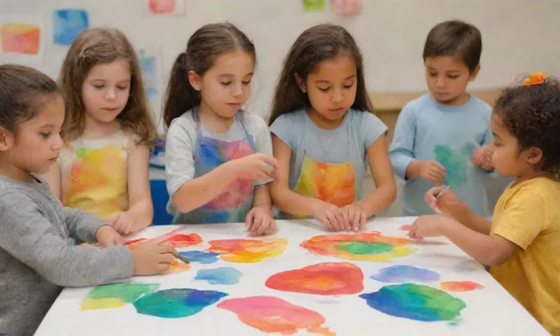 Un grupo diverso de niños se dedica a una actividad práctica, como la construcción de una comunidad modelo, mientras que está rodeado por maestros de apoyo y otros adultos en un taller.