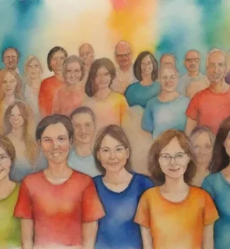 Un grupo diverso de personas de diferentes orígenes colaboran en la construcción de un centro comunitario vibrante utilizando materiales sostenibles modernos