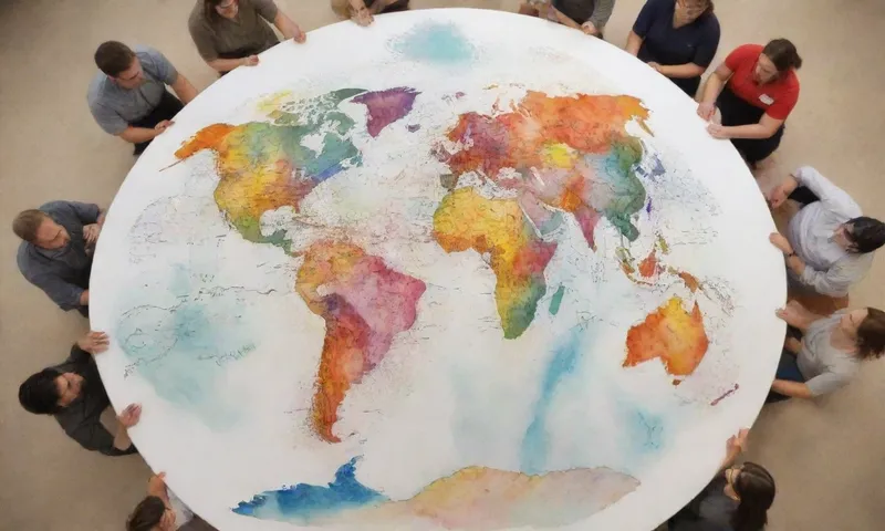 Un grupo diverso de individuos colaboran intencionadamente en torno a un mapa circular de pizarra con pins que representan diferentes departamentos y ubicaciones globales.