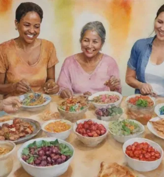 Un grupo diverso de personas de diferentes orígenes que comparten una comida y sonriente calurosamente