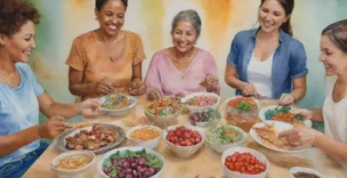 Un grupo diverso de personas de diferentes orígenes que comparten una comida y sonriente calurosamente
