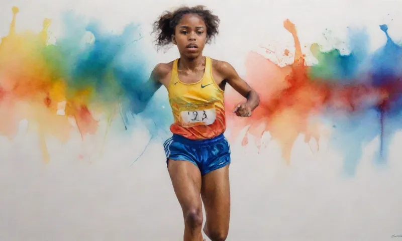 Un joven atleta de miradas de color decididamente en la línea de meta después de superar las dificultades, su cuerpo contornó en una poderosa posición que significa su viaje de resiliencia.
