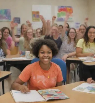 Un grupo diverso de estudiantes de diferentes orígenes sonríen brillantemente detrás de sus escritorios junto con instructores de apoyo