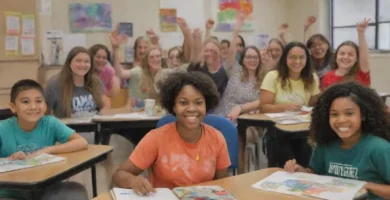 Un grupo diverso de estudiantes de diferentes orígenes sonríen brillantemente detrás de sus escritorios junto con instructores de apoyo