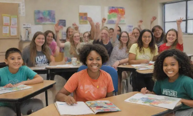 Un grupo diverso de estudiantes de diferentes orígenes sonríen brillantemente detrás de sus escritorios junto con instructores de apoyo