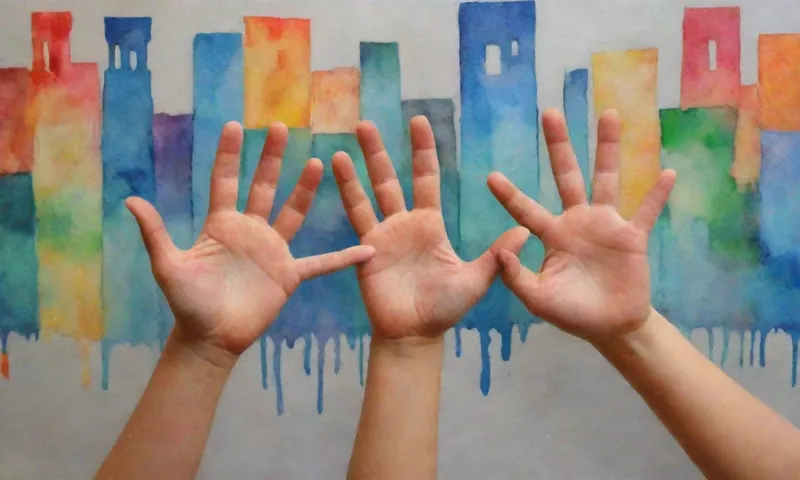 Un grupo de diversas manos infantiles están entrelazadas, formando un colorido mosaico que representa un paisaje urbano construido a partir de materiales resistentes en medio de restos de hormigón roto.