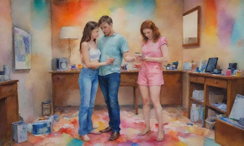 Una pareja de pie cerca en una habitación desordenada, sus cuerpos afilados un poco lejos uno del otro, las manos extendidas hacia un solo objeto dejado en el centro del espacio: un teléfono roto.
