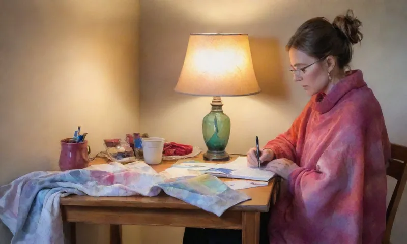 A person journaling reflectively at a table with a desk lamp and soft blankets in the background.