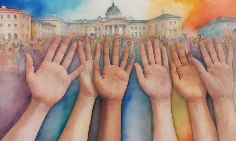 Una multitud diversa de personas de diversos orígenes que sostienen las manos formando un gesto de mano extendido hacia un edificio gubernamental brillantemente iluminado.