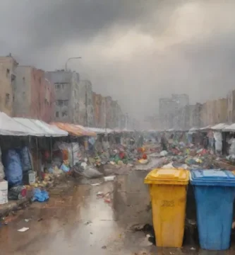Un panorama amplio de paisaje urbano de edificios modernos densamente embalados yuxtapone un cielo sereno pero tormentoso y gris con bastones de basura desbordantes de los esfuerzos de alivio de desastres