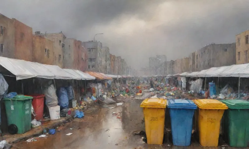 Un panorama amplio de paisaje urbano de edificios modernos densamente embalados yuxtapone un cielo sereno pero tormentoso y gris con bastones de basura desbordantes de los esfuerzos de alivio de desastres