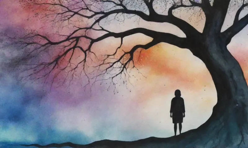 Una silueta de una persona que se inclina contra una rama del árbol durante una intensa tormenta, gotas de agua que reflejan sus ojos decididos, junto con dos figuras entrelazadas que representan fuerza y apoyo.