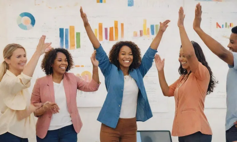 Un grupo de empleados diversos sonriendo e intercambiando alta-cinco después de completar exitosamente un proyecto desafiante mientras rodeado de gráficos que representan la resiliencia de los datos.