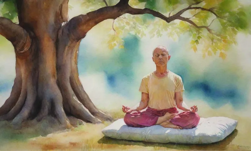 Una persona meditando con los dedos sujetados libremente, los ojos cerrados, sentados en un cojín bajo un árbol, la luz del sol fluyendo por las hojas