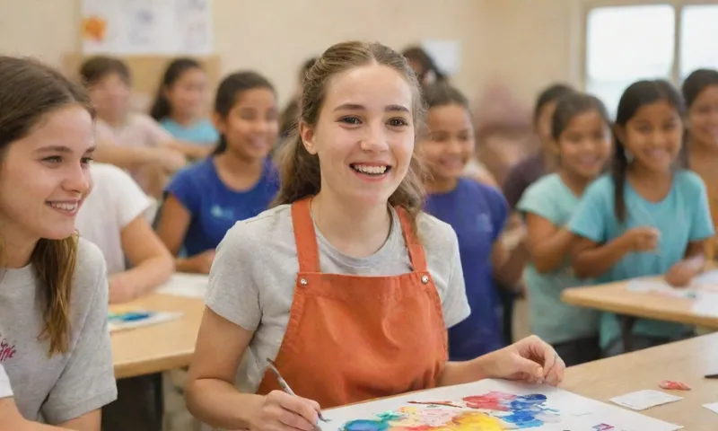 Una joven sonríe brillantemente mientras conduce con confianza a los escolares a través de una simple actividad de fabricación de herramientas en un centro comunitario después de un desastre natural, rodeado de otras familias cuyas esperanzas son visibles.